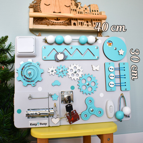 Busy Board 30×40 бірюзовий | Бізіборд для розвитку моторики EasyBusy