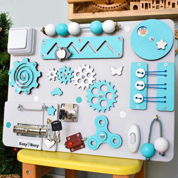 Busy Board 30×40 бірюзовий | Бізіборд для розвитку моторики EasyBusy