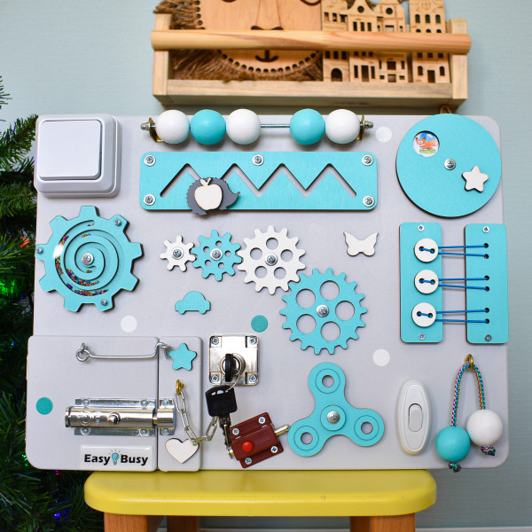 Busy Board 30×40 бірюзовий | Бізіборд для розвитку моторики EasyBusy