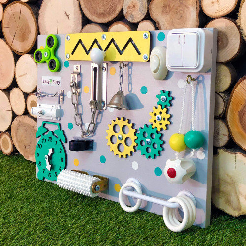 Busy Board 30×40 см зелено-жовтий | Сенсорна дошка Montessori з вимикачем, спінером, шестернями