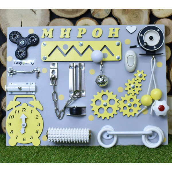 Жовтий бізіборд 30×40 з котушкою | Montessori сенсорна дошка для розвитку моторики