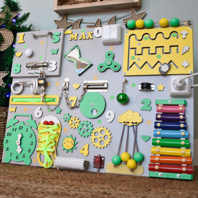 Бізіборд 50×60 см з ксилофоном, спіннером і пісочним годинником – Montessori дошка для розвитку дитини